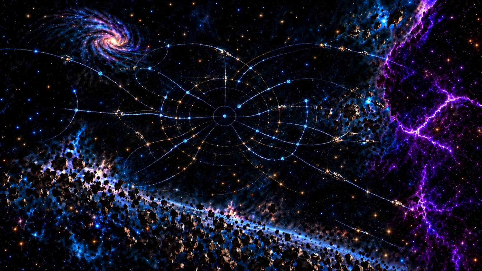 獵戶星域與奧忒由星際航道串連，穿過小行星帶，延伸至紫色裂隙與古代巨構。