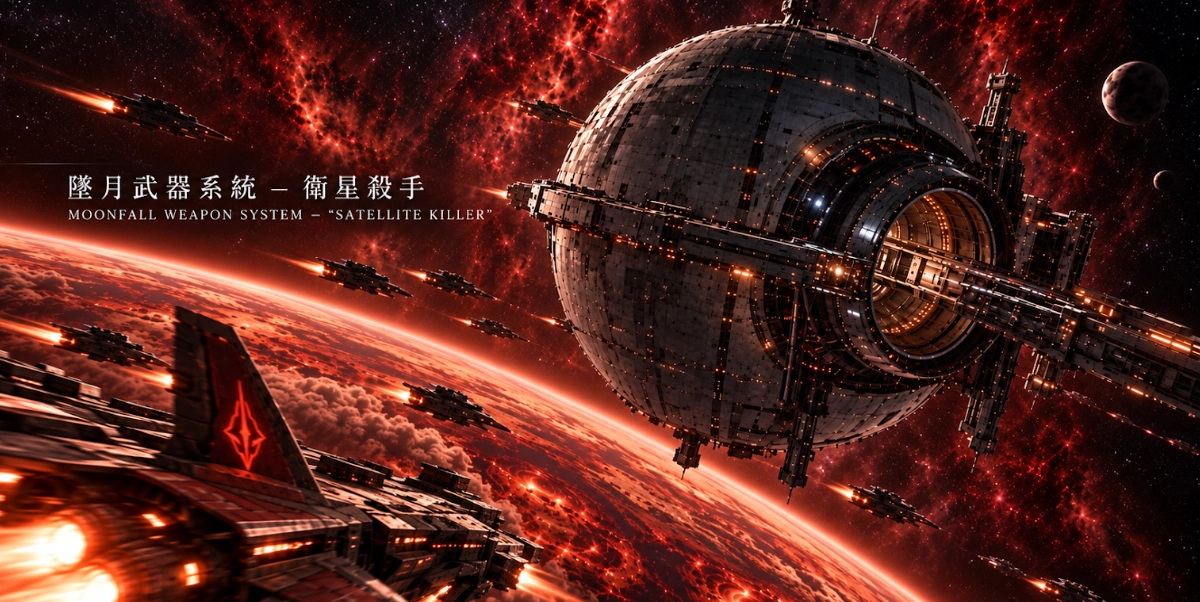 衛星殺手原畫：裝甲球形衛星、環形炮口與長型質量拋射軌懸在塔尼亞上空