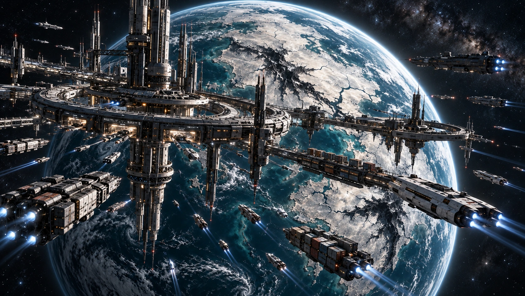 奎納星青藍海域與銀白地表上空的大型環形軌道港